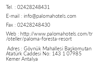 Paloma Foresta Resort iletiim bilgileri